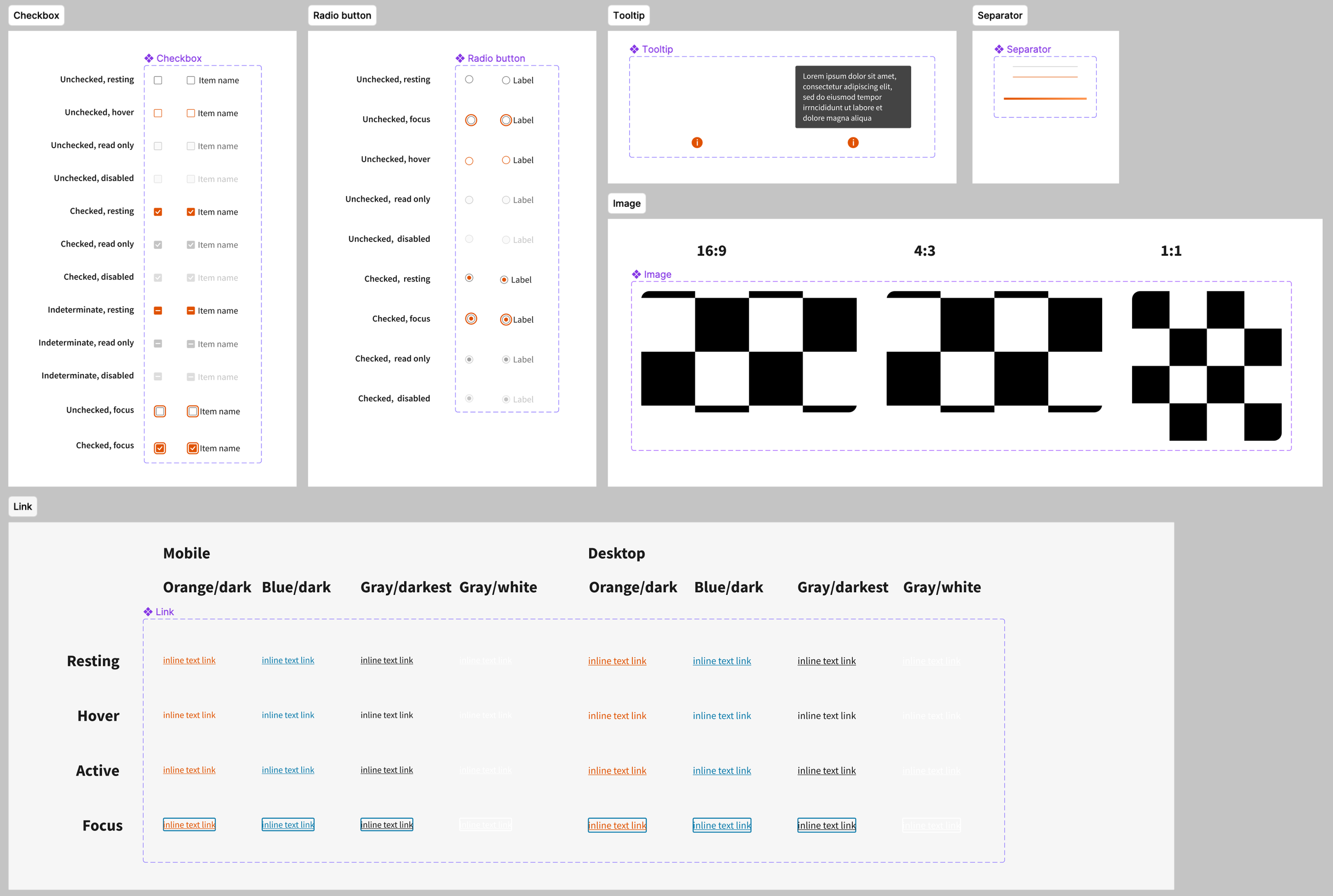 Atom components, checkbox, radio, tooltip, separator, image, link