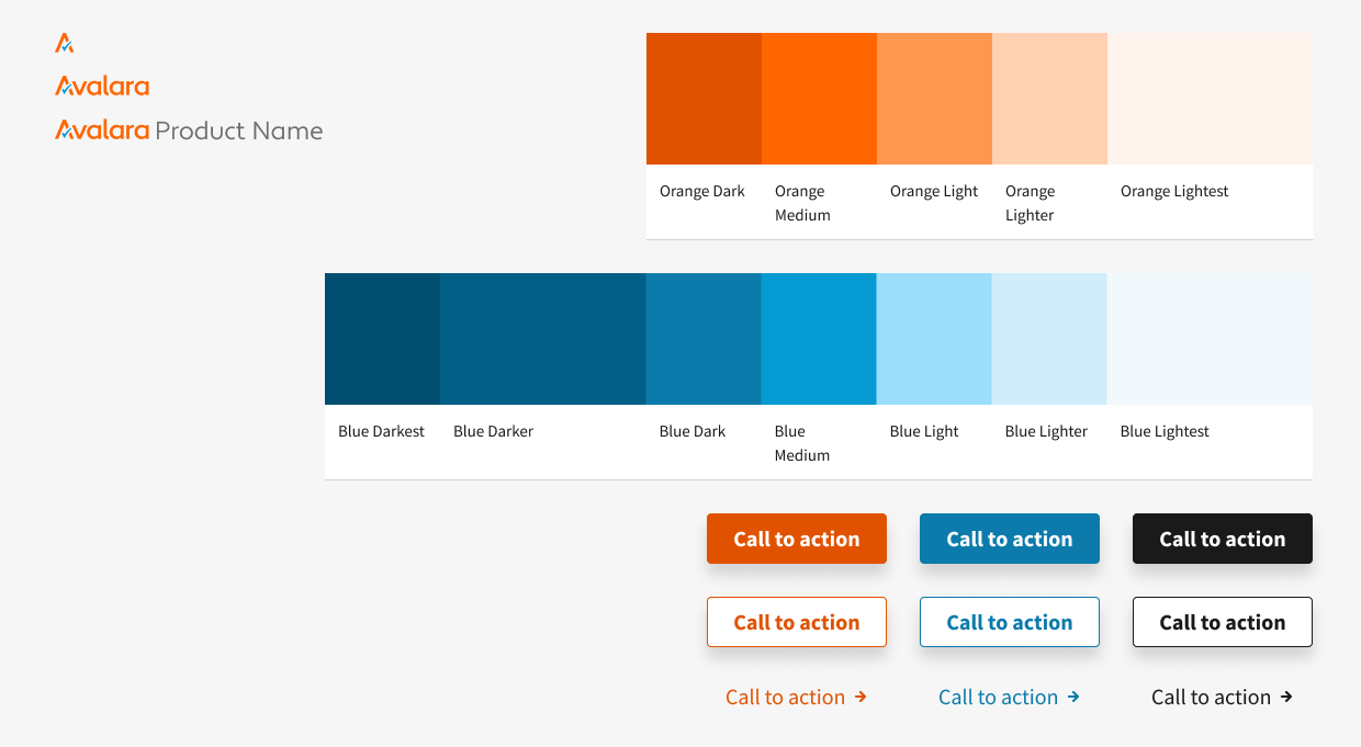 Avalara brand primary colors and button styles