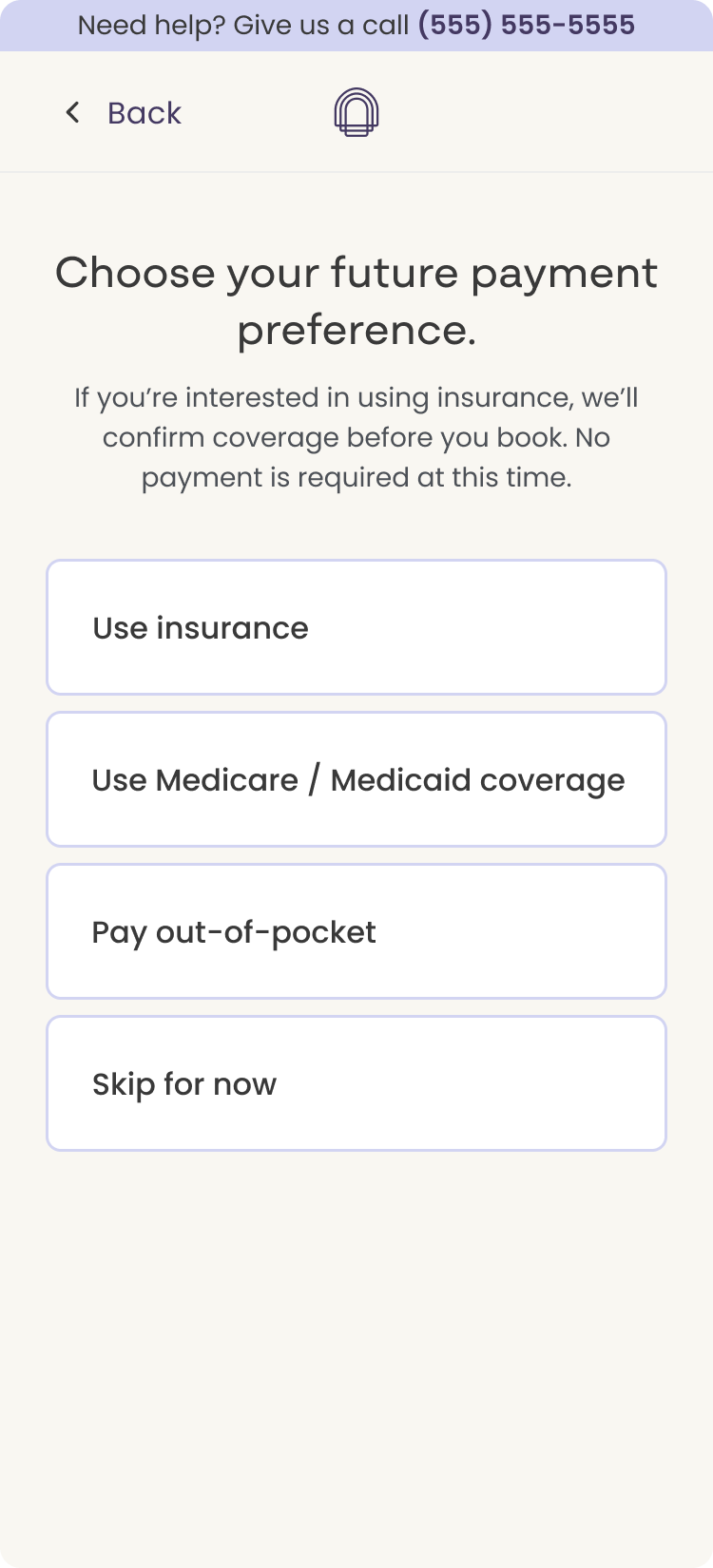 Persistent help banner with a phone number across the top of the flow