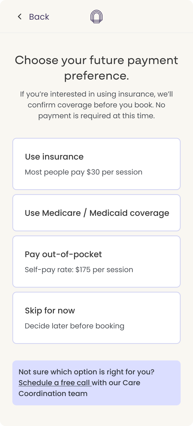 Contextual prompt beneath the payment options offering a free call with the Care Coordination team