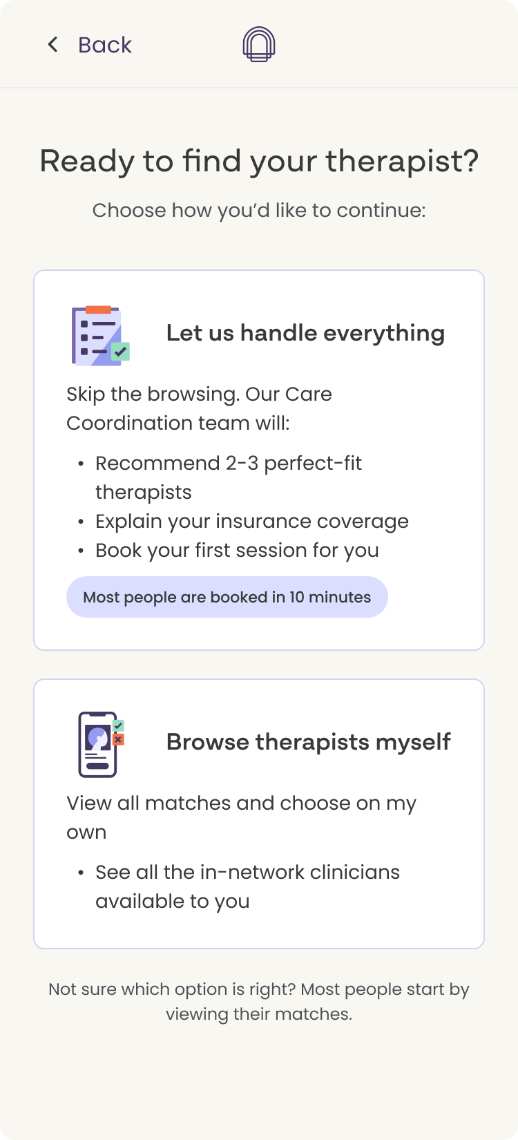 Fork screen offering Let us handle everything or Browse therapists myself
