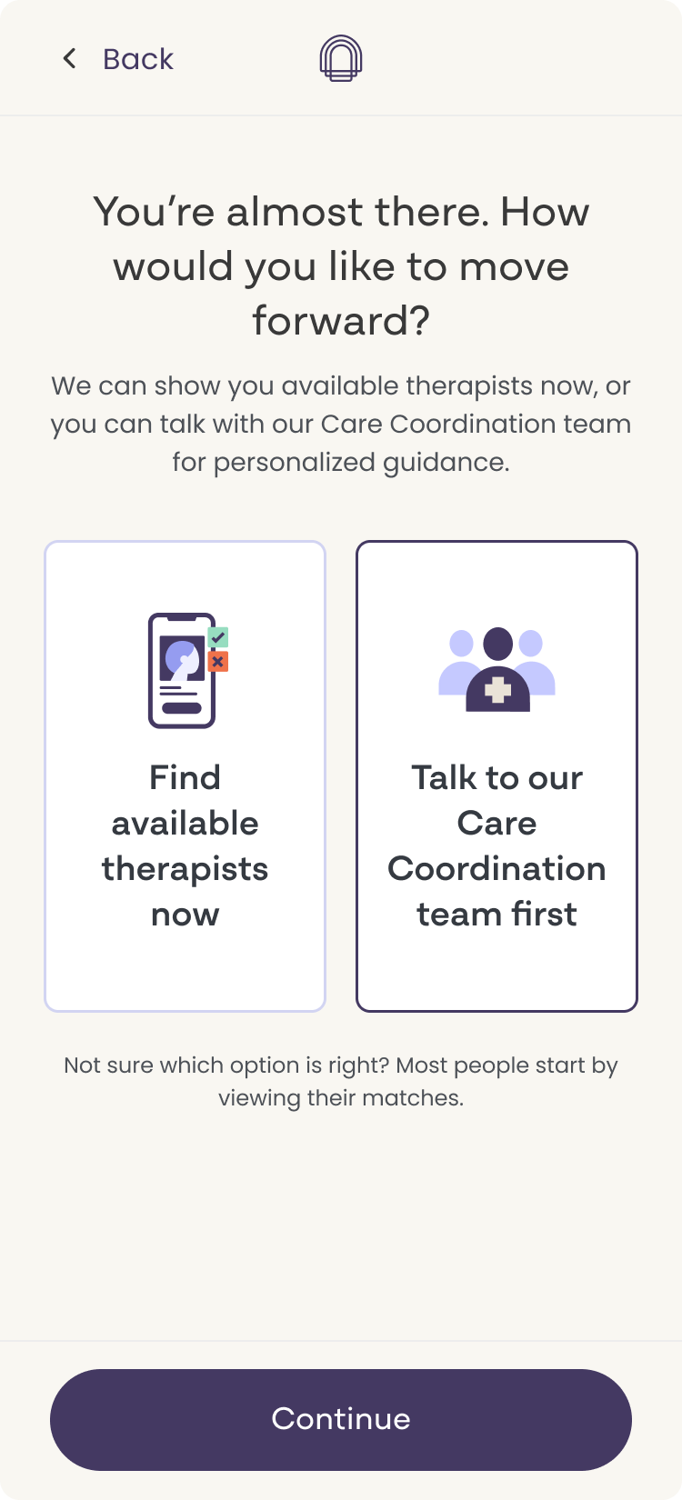 Two-card fork offering Find available therapists now or Talk to our Care Coordination team first